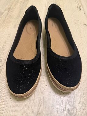 Clarks Black Perforated Espadrille Suede-like Flats